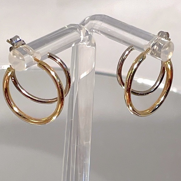 Vintage 14K Solid Gold Double Huggie Hoop Earrings Yellow & White Gold Post